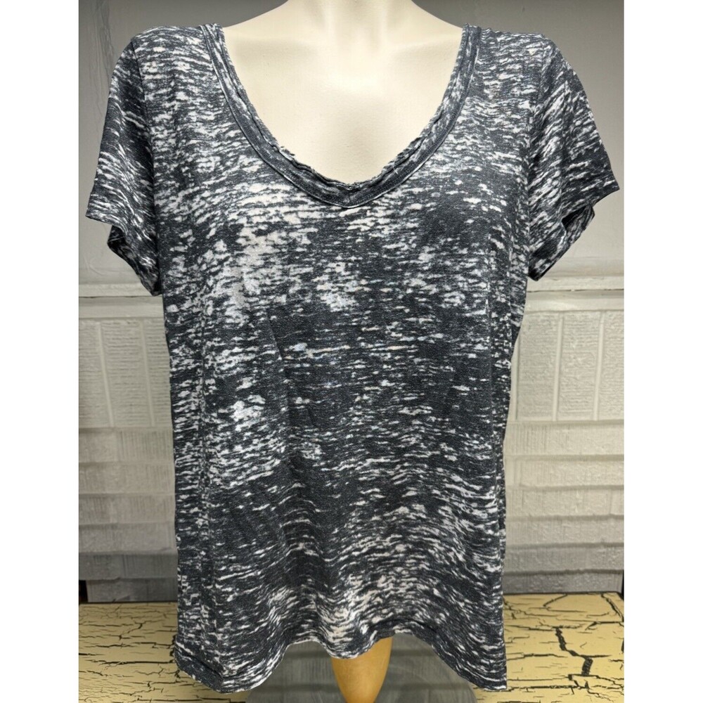 ROCK & REPUBLIC Black White Striped Grunge Shirt Top Short Sleeve Ladies Size L